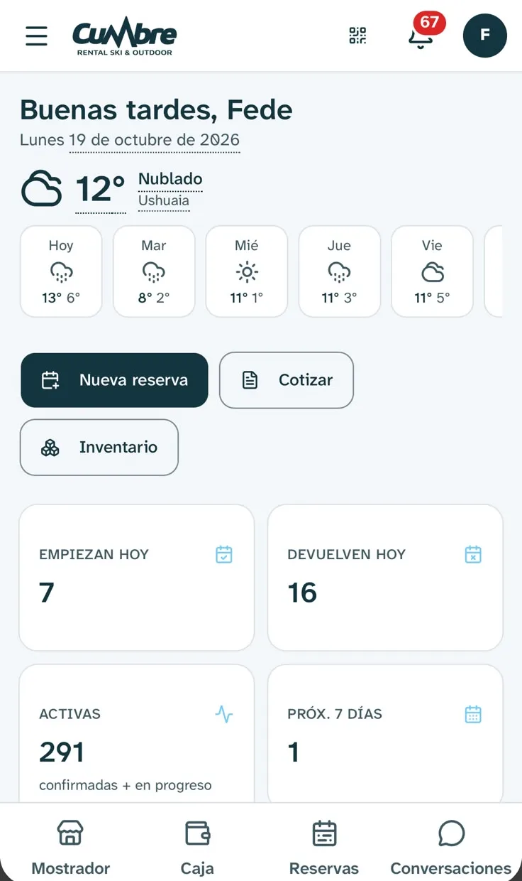 Inicio de la app de gestión de Cumbre Rental en el celular