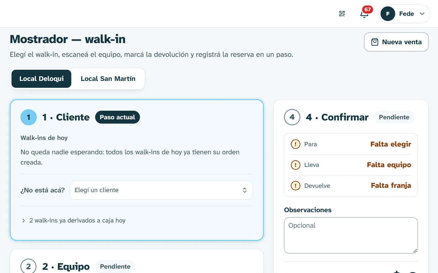 Mostrador de la app de gestión de Cumbre Rental: cliente, equipo, devolución y confirmación en un paso