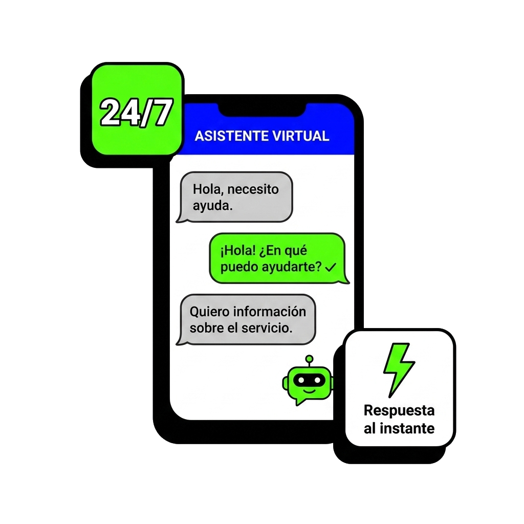 Chat de WhatsApp con un asistente de IA respondiendo al instante, 24/7