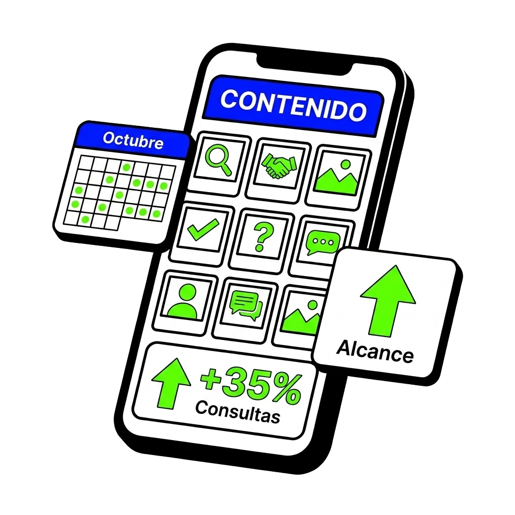 Feed de contenido de Instagram con calendario y alcance en aumento
