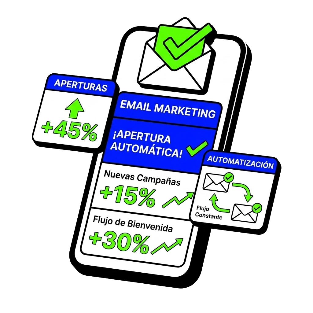 Bandeja de email con la tasa de apertura subiendo y automatizaciones activas
