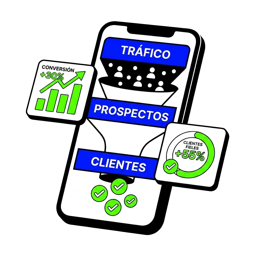 Embudo de ventas que convierte tráfico en prospectos y clientes