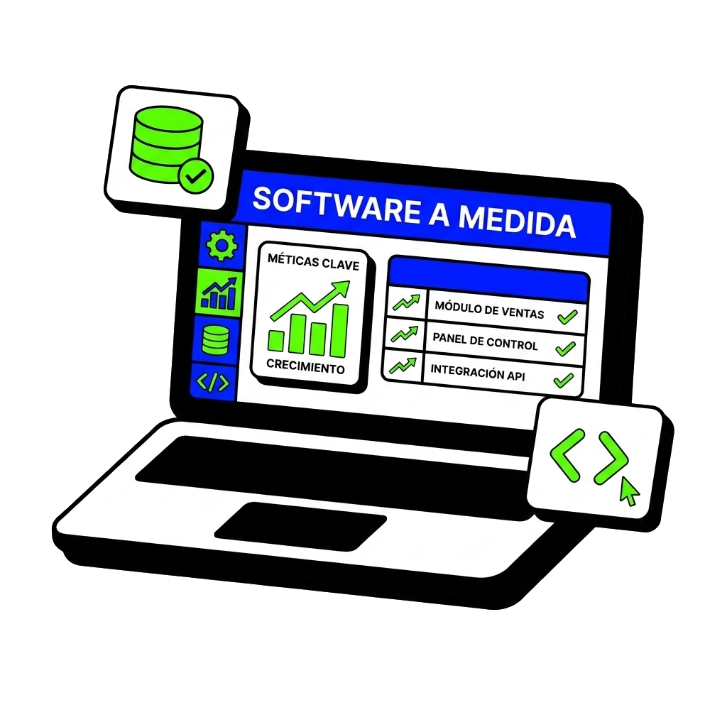 Laptop con un dashboard de software a medida con módulos y métricas